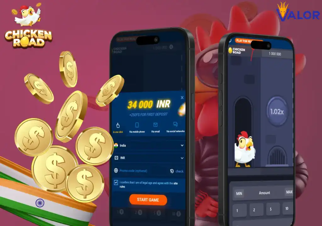 Valor Bet mobile interface showing Chicken Road game ready to play